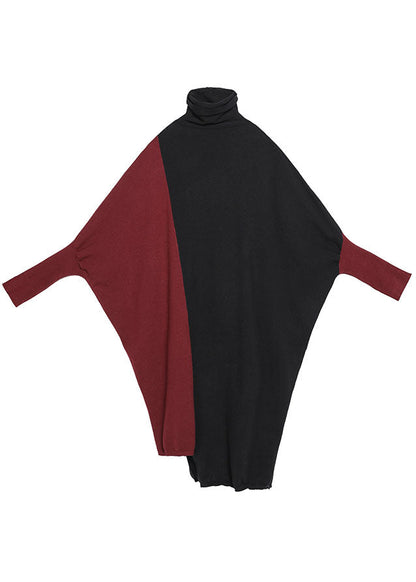 Fitted Black Patchwork Red Asymmetrical Design Fall Winter Sweater Dress