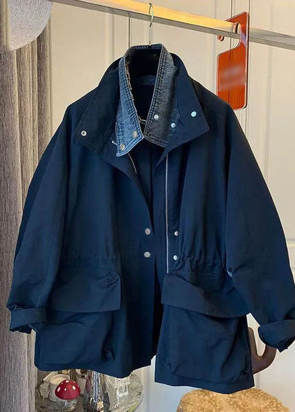 Fitted Black Peter Pan Collar Patchwork Button Jackets Long Sleeve