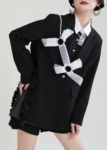 Fitted Black Peterpan Collar Patchwork Asymmetrical Design Fall Long Sleeve Coat