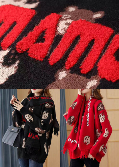 Fitted Black Print Free Scarf Knit Pullover Winter