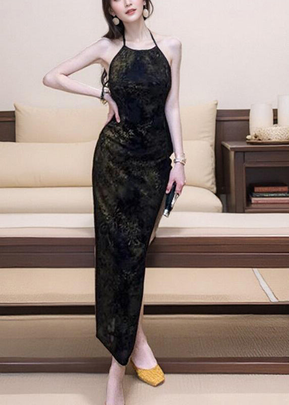 Fitted Black Print Side Open Long Spaghetti Strap Dress Sleeveless