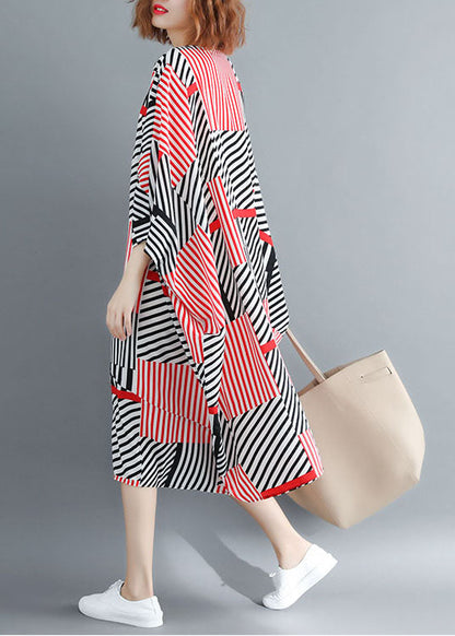 Fitted Black Red Striped Oversized Chiffon Maxi Dresses Batwing Sleeve