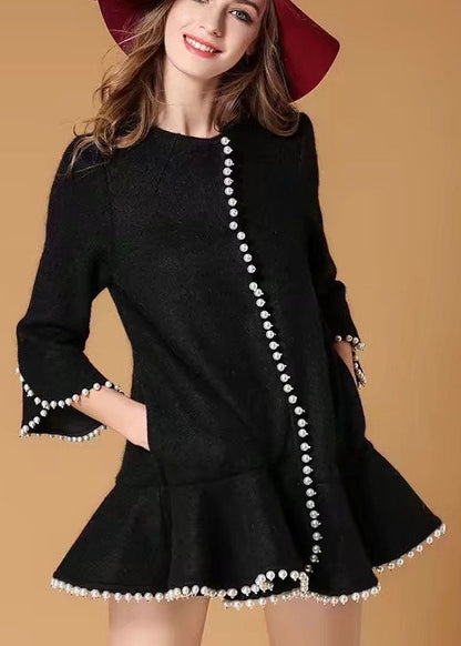 Fitted Black Ruffled Button Skinny Fall Woolen Coats