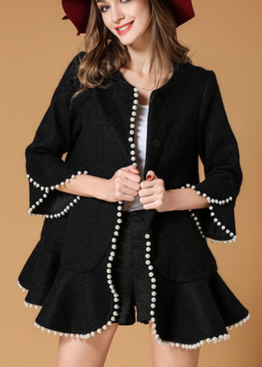Fitted Black Ruffled Button Skinny Fall Woolen Coats