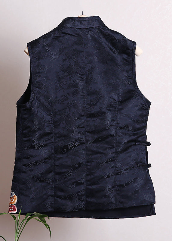 Fitted Black Stand Collar Embroideried Button Waistcoat Fall