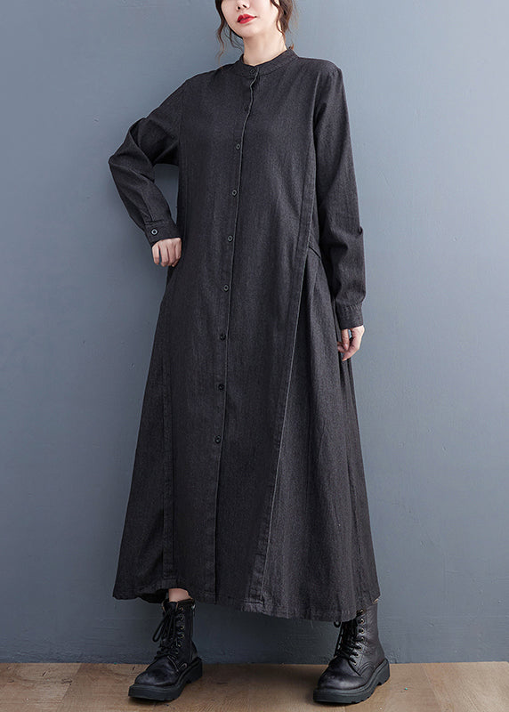 Fitted Black Stand Collar Exra Large Hem Denim a Line Dress Fall