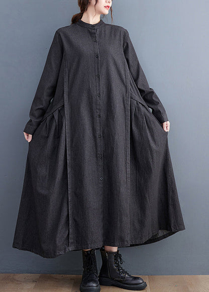 Fitted Black Stand Collar Exra Large Hem Denim a Line Dress Fall