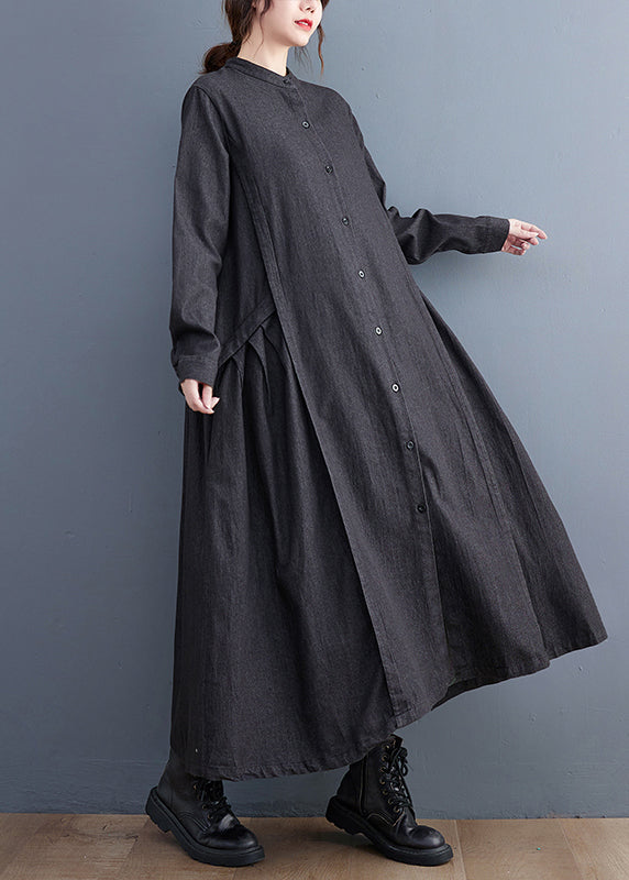 Fitted Black Stand Collar Exra Large Hem Denim a Line Dress Fall