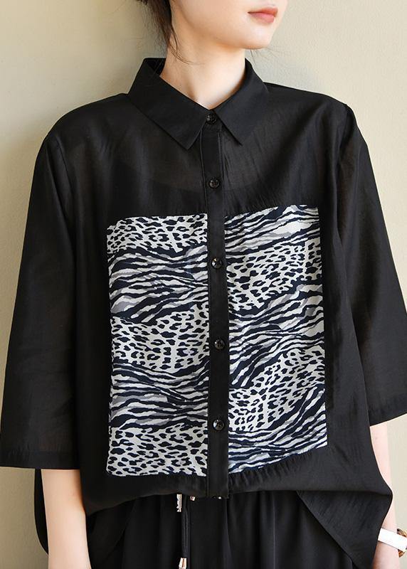 Fitted Black Striped Patchwork Blouses Half Sleeve Spring