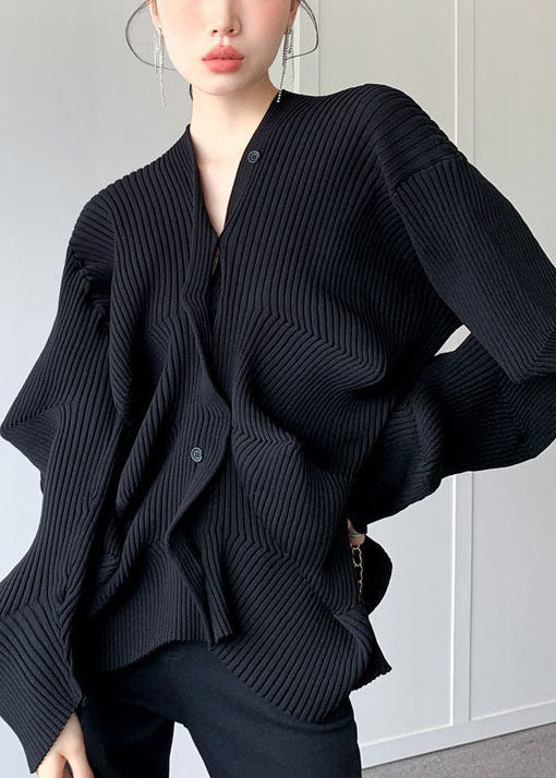 Fitted Black V Neck Button Asymmetrical Design Fall Sweater Coat