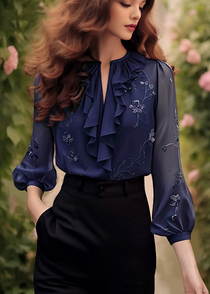 Fitted Black V Neck Embroidered Chiffon Tops Bracelet Sleeve