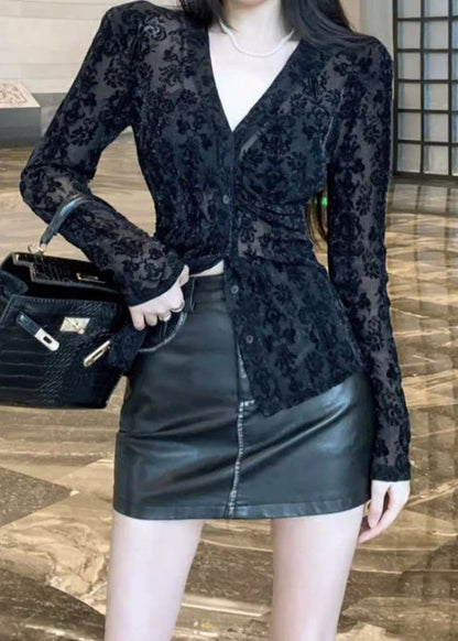 Fitted Black V Neck Flocking Lace Top Spring