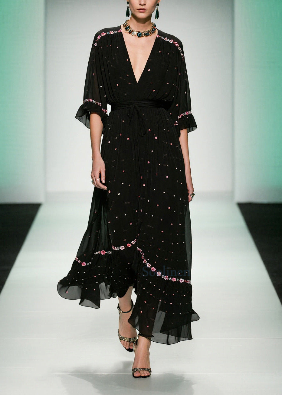 Fitted Black V Neck Print Tulle Long Dresses Summer