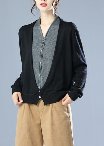 Fitted Black V Neck Knit Cardigan Winter