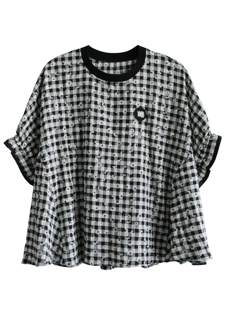 Fitted Black White Plaid O-neck Print Summer Top Half Sleeve