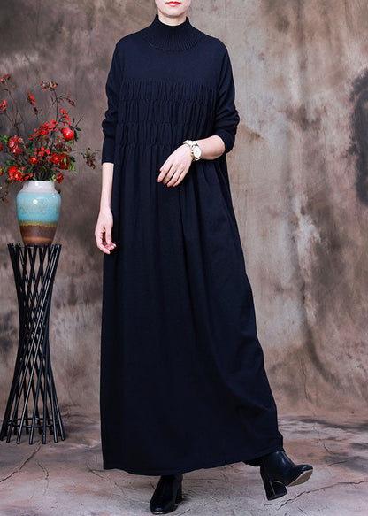 Fitted Black Wrinkled Turtle Neck Knit Holiday Dresses Spring