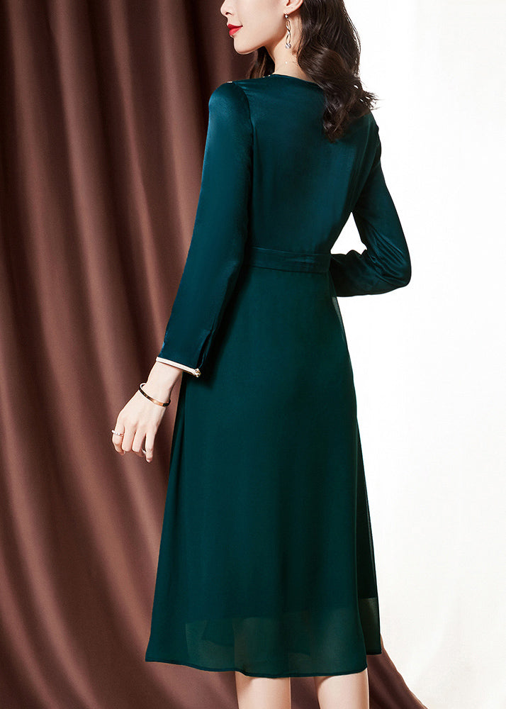 Fitted Blackish Green O-neck Patchwork Chiffon Cinch Dress Bracelet Sleeve