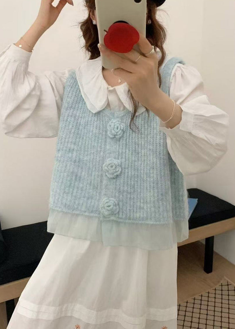 Fitted Blue Patchwork Tulle Knit Vests Spring