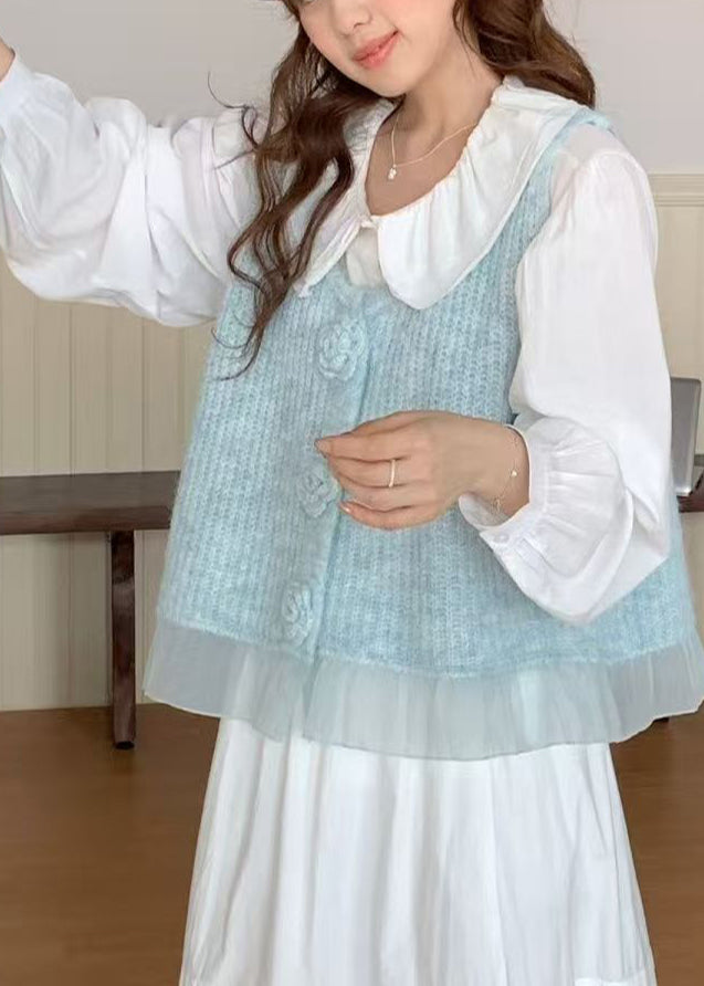 Fitted Blue Patchwork Tulle Knit Vests Spring