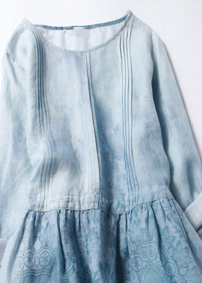 Fitted Blue O-neck Patchwork Tunic Long Dresses Half Sleeve