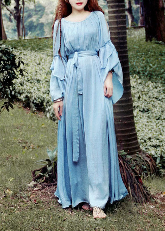Fitted Blue O-neck Tie Waist Exra Large Hem Silk Long Dresses Petal Sleeve