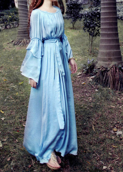Fitted Blue O-neck Tie Waist Exra Large Hem Silk Long Dresses Petal Sleeve