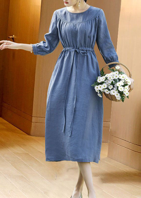 Fitted Blue O-neck Tie Waist Linen Vacation Dresses Bracelet Sleeve