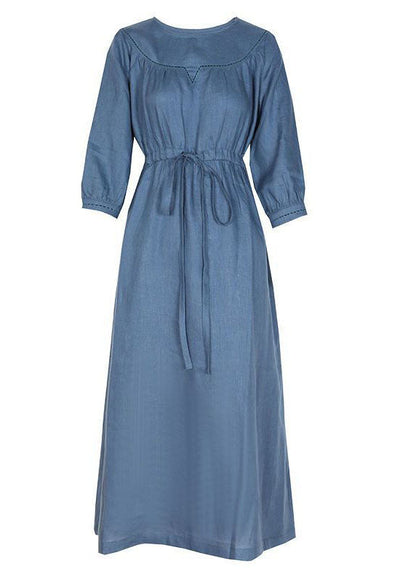 Fitted Blue O-neck Tie Waist Linen Vacation Dresses Bracelet Sleeve