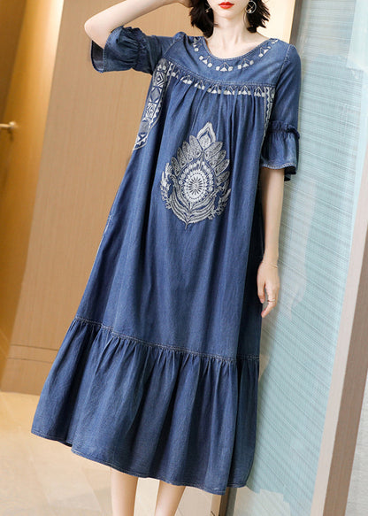 Fitted Blue O-neck Wrinkled Embroideried Cotton Denim Dress Short Sleeve