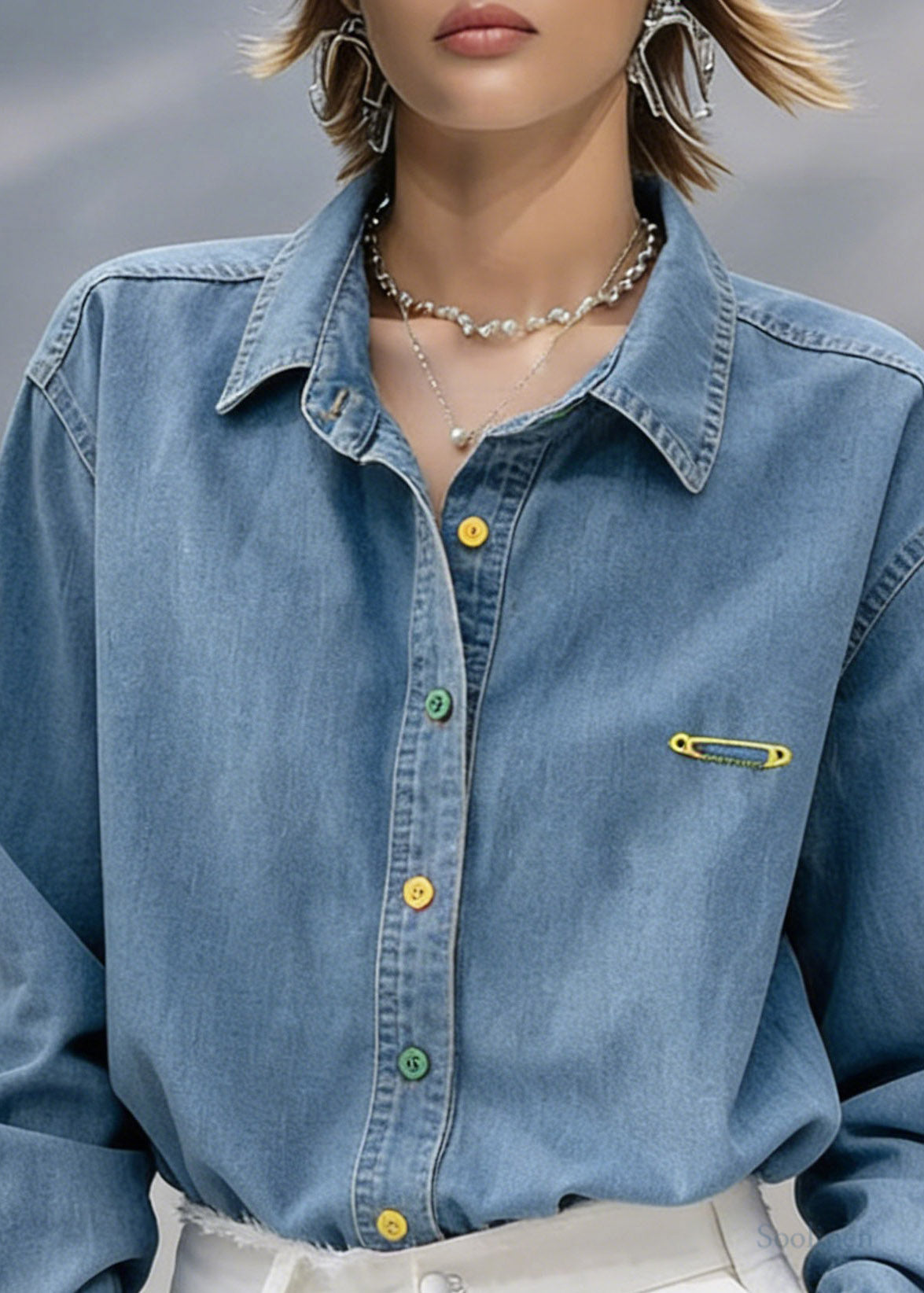 Fitted Blue Peter Pan Collar Denim Shirt Lantern Sleeve