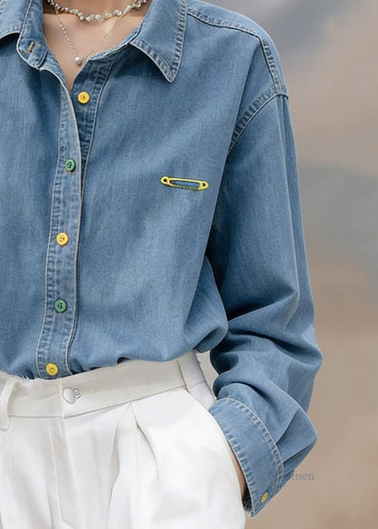 Fitted Blue Peter Pan Collar Denim Shirt Lantern Sleeve
