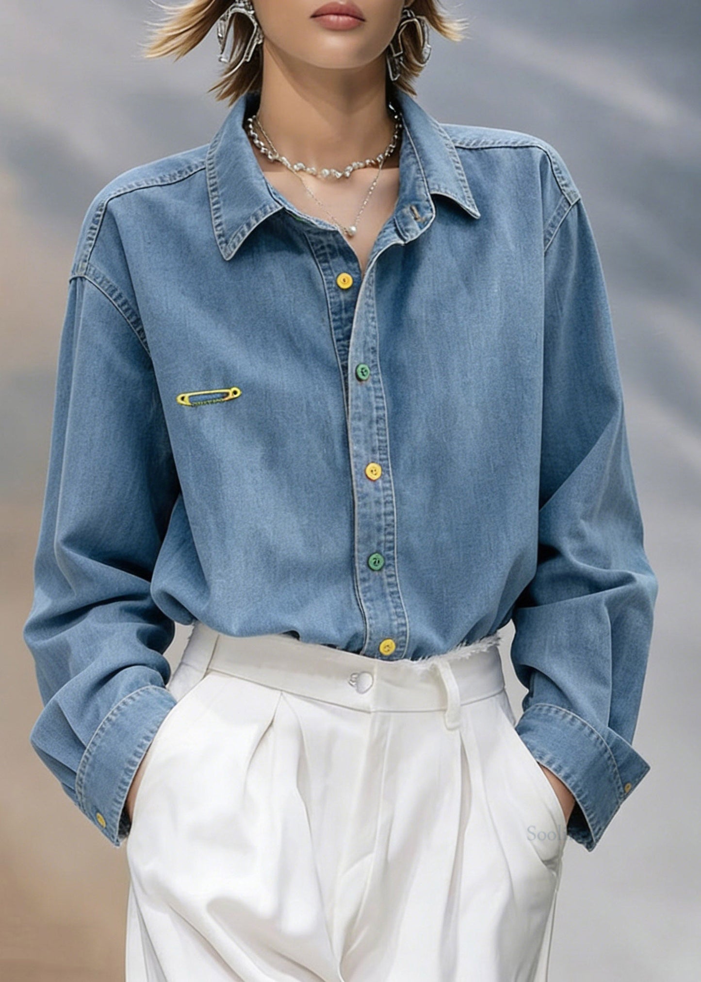 Fitted Blue Peter Pan Collar Denim Shirt Lantern Sleeve
