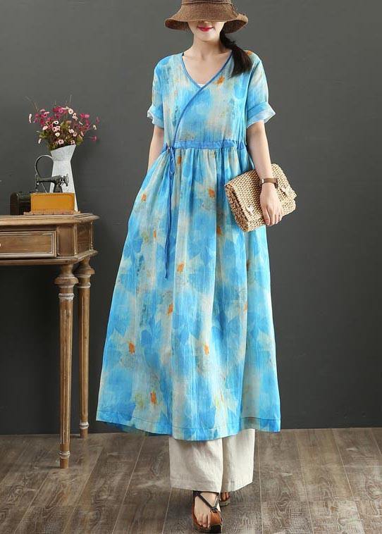 Fitted Blue Print Linen Tie Waist Summer Vacation Dresses