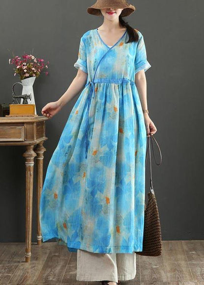Fitted Blue Print Linen Tie Waist Summer Vacation Dresses