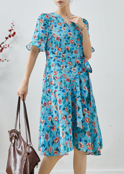Fitted Blue Tie Waist Print Chiffon Party Dress Summer