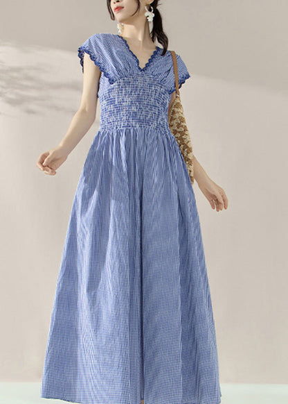 Fitted Blue V Neck Plaid Elastic Waist Holiday Long Dress Summer