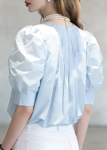 Fitted Blue Wrinkled Top Short Sleeve