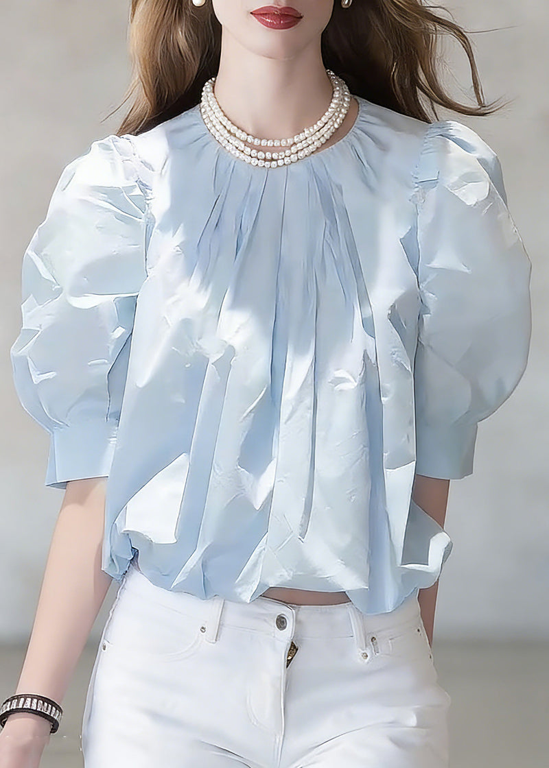 Fitted Blue Wrinkled Top Short Sleeve