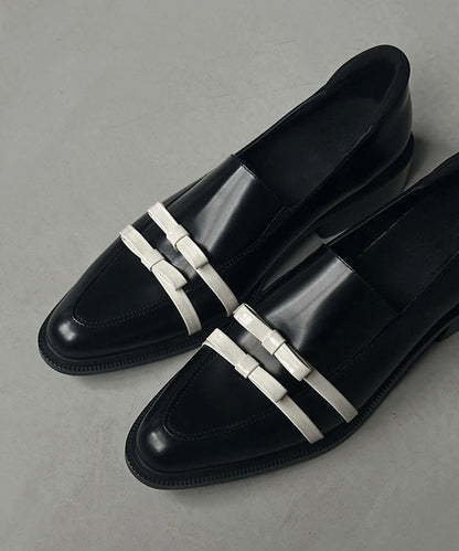 Fitted Bow Splicing Chunky Black Cowhide Leather Pointed Toe