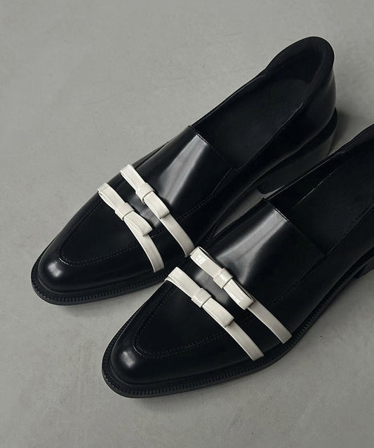 Fitted Bow Splicing Chunky Black Cowhide Leather Pointed Toe