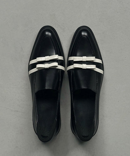 Fitted Bow Splicing Chunky Black Cowhide Leather Pointed Toe