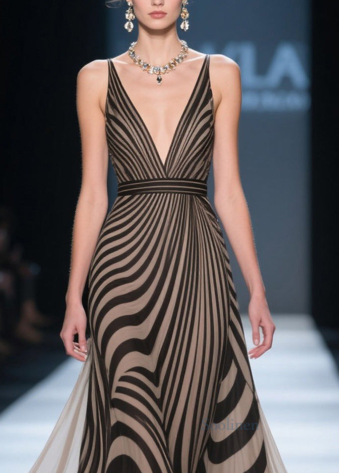 Fitted Brown Deep-v Neck Striped Chiffon Evening Dress Summer