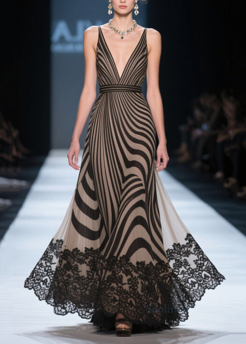 Fitted Brown Deep-v Neck Striped Chiffon Evening Dress Summer