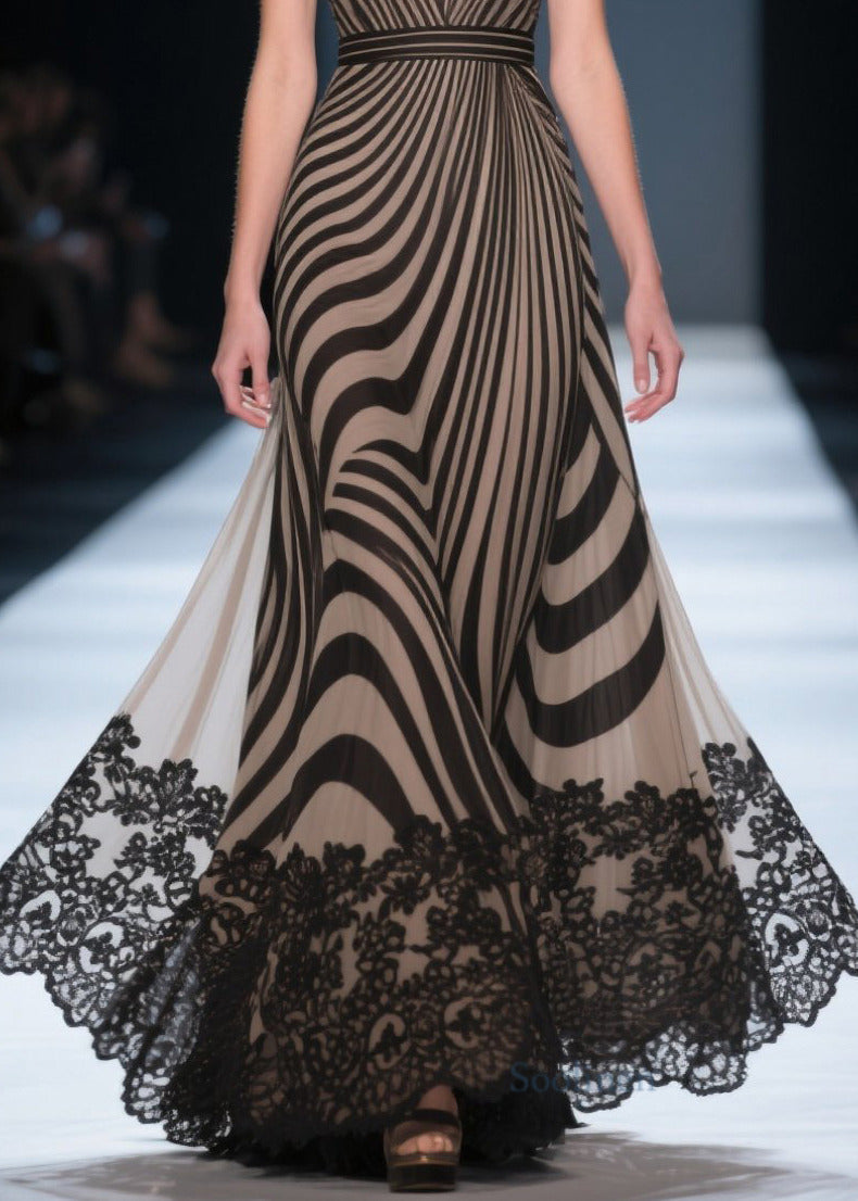 Fitted Brown Deep-v Neck Striped Chiffon Evening Dress Summer