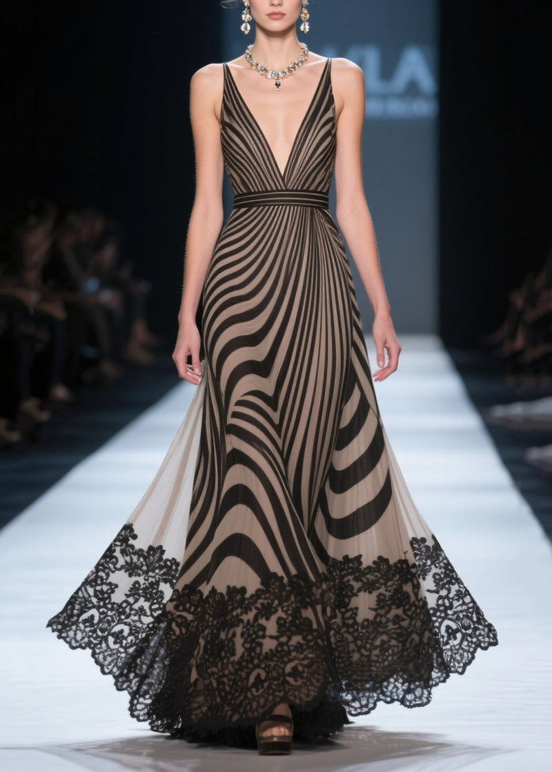 Fitted Brown Deep-v Neck Striped Chiffon Evening Dress Summer