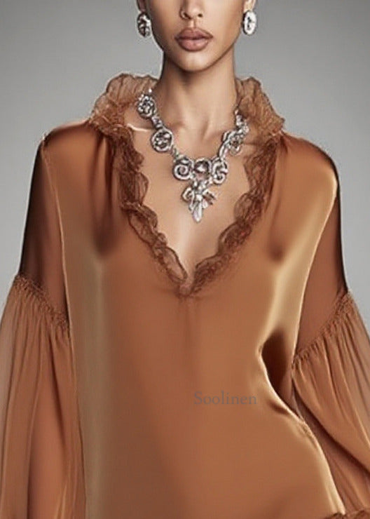 Fitted Brown Ruffled Patchwork Chiffon Vacation Dress Spring