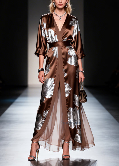 Fitted Chocolate Print Patchwork Silk Long Dress Summer