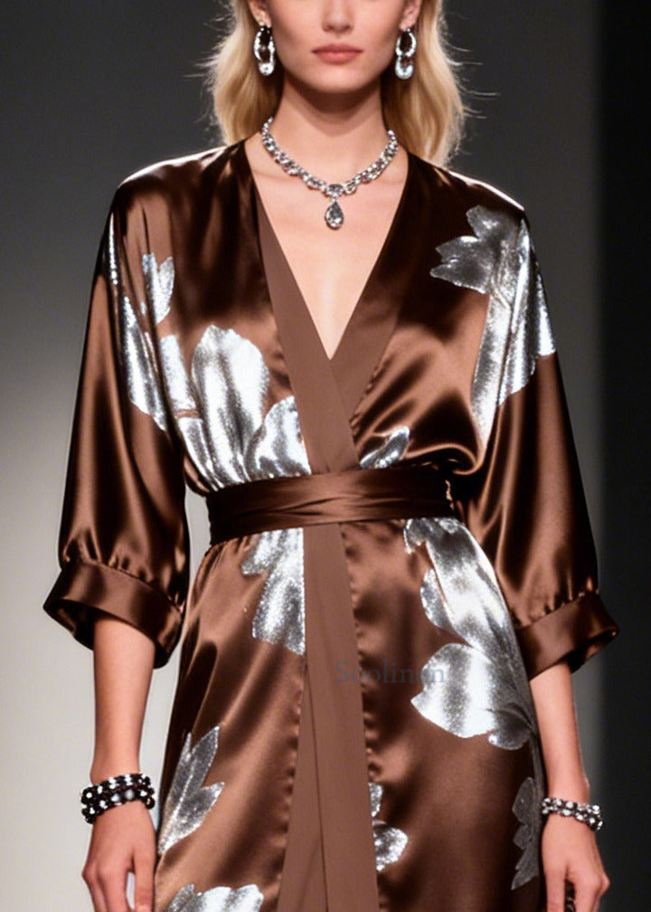 Fitted Chocolate Print Patchwork Silk Long Dress Summer