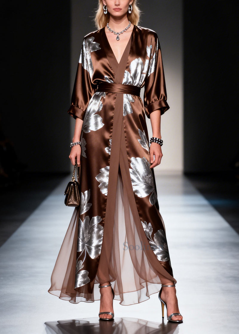 Fitted Chocolate Print Patchwork Silk Long Dress Summer