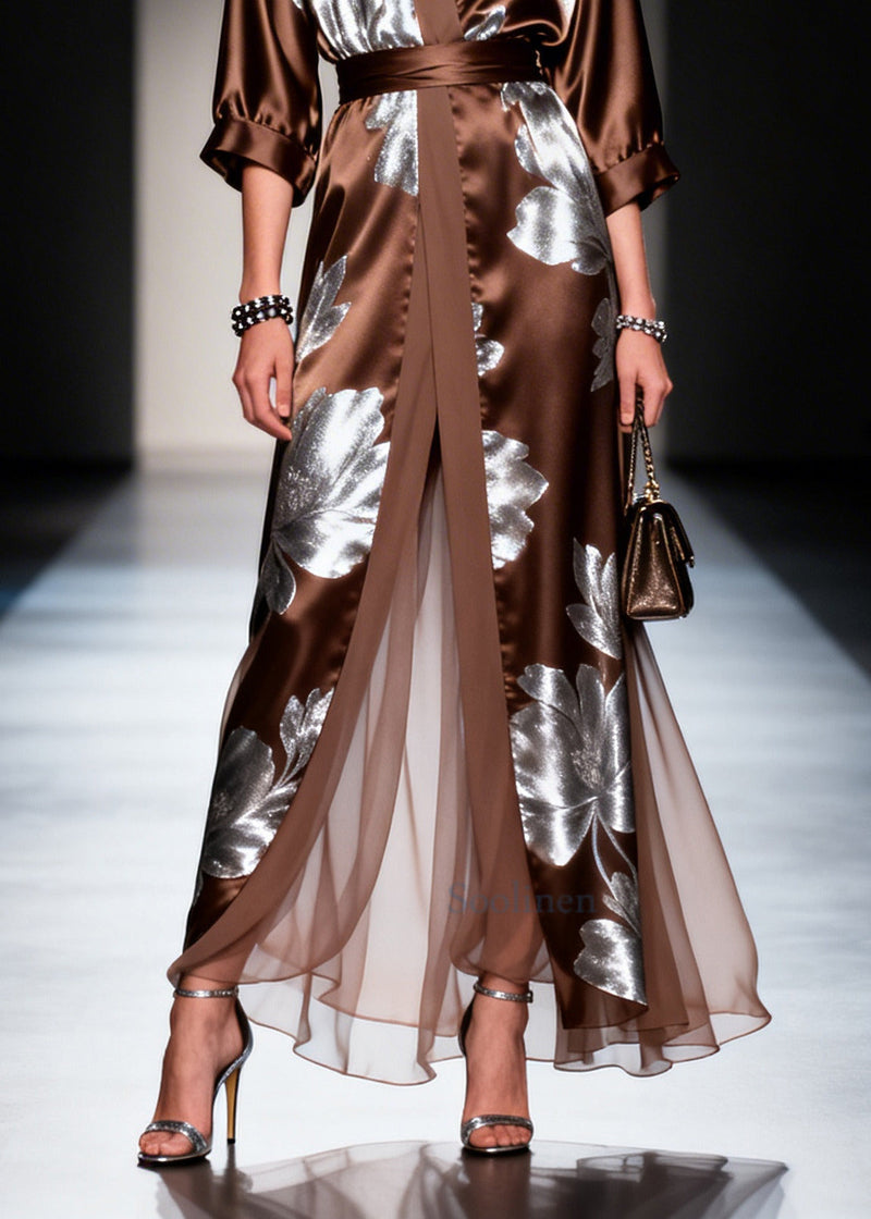Fitted Chocolate Print Patchwork Silk Long Dress Summer